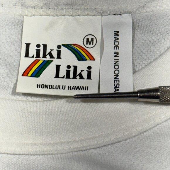 Vintage Liki Liki Hawaii 86 T-Shirt Medium White & Navy Striped Sleeves 90's - Picture 5 of 7